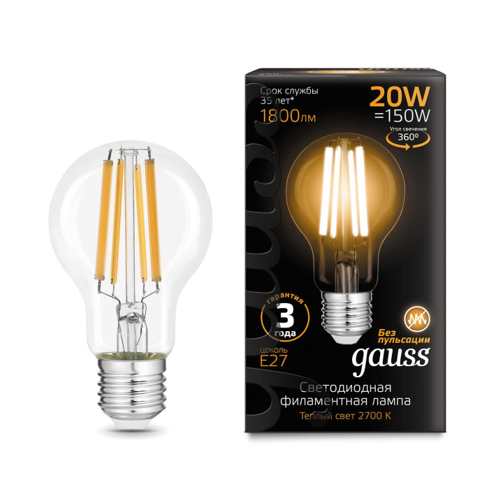 Светильник Gauss Лампа Filament LED Е27 А60 20W 1800lm 2700К, Лампа Filament LED Е27 А60 20W 1800lm 2700К
Светильник Gauss Лампа Filament LED Е27 А60 20W 1800lm 2700К, Лампа Filament LED Е27 А60 20W 1800lm 2700К