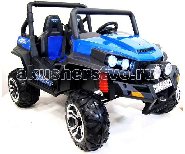 Электромобиль RiverToys Buggy T009TTBuggy T009TT Электромобиль RiverToys Buggy T009TTBuggy T009TTЭлектромобиль RiverToys Buggy T009TT - это необыкновенный огромный двухместный электромобиль с полным приводом на резиновых колесах EVA. Агрессивный вид багги не оставит равнодушным юных экстремалов! Это двухместный электромобиль, рассчитанный на двух детей, с высоким дорожным просветом (27 см) на колесах из EVA-резины, с мощным анти-пробуксовочным протектором ( ширина шины 19 см). Он имеет четыре усиленных редуктора, что переводит его в раздел полноприводных авто. Из расчета на езду по бездорожью, длительную поездку и на два посадочных места - он укомплектован двумя аккумуляторами по 12V- это делает поездку увлекательней не только одному, но и двоим детишкам. Аккумуляторы легко сменить на запасные за счет открывающегося капота. Это придает правдоподобность настоящего авто. Для страховки на сиденье имеется 2 отдельных ремня безопасности. Несмотря на самостоятельное управление авто ребенком, к нему также предусмотрен индивидуальный пульт управления, что дает возможность контролировать поездку взрослыми. Сиденье имеет перфорированную вставку из дышащей ЭКО-кожи. Как в оригинальных внедорожниках, в нем очень грамотно создана панель приборов- ничего лишнего, все просто и понятно. Имеется автоматическая коробка передач, удобная панель для переключения кнопками с уровнем заряда батареи и справа имеется ручка-держатель для пассажира. За сиденьем имеется большое багажное отделение для перевозки нужного снаряжения или емкости с водой- для этого в багажнике имеется два отделения для бутылок из расчета на двоих пассажиров. Световые и звуковые эффекты также соответствуют его статусу вездеход - яркие передние и боковые диодные фары в количестве 6-ти штук, громкий звук сигнала на руле и музыкальное сопровождение, чтобы поездка на нем поистине создавала впечатление экстрима! Особенности: Просторный и большой вездеход для детей от 3 до 9 лет Полный привод позволяет проехать по любой дорожной поверхности и взять любые препятствия за считанные секунды Два аккумулятора по 12V7Ah - до 2 часов непрерывного катания; Электромобиль имеет достаточно высокий клиренс, который позволяет проехать по неровной дорожной поверхности Качественные резиновые колеса - комфортное катание в любой ситуации Электромобиль выполнен на качественном металлическом каркасе Прочный корпус из закаленного полипропилена Покрытие не выгорает на солнце и устойчиво к образованию царапин Отличные световые эффекты: свет передних, задних и верхних фар, подсветка бампера, подсветка приборной панели - отличная видимость машинки в темное время суток Передняя стойка без стекла - отличная видимость на дороге Имитация зеркал заднего вида Сзади расположен открытый багажник для игрушек или других вещей Просторный салон для двух детей Два раздельных сидения с мягким, кожаным чехлом Каждое сидение оборудовано плечевым ремнем безопасности, которые дети постарше смогут использовать, как поясные ремни Удобный в обхвате руль для комфортного управления Реалистичная приборная панель с магнитолой Приборная панель оснащена неоновой подсветкой Подключайте смартфон, планшет, МР3 плеер или Micro SD через разъемы AUX, USB и слот для SD card и слушайте любимую музыку во время катания или простоя Электромобиль включается с помощью кнопки Звуковой сигнал и свет фар, включаются с помощью кнопок на приборной панели Электромобиль оснащен индивидуальным пультом дистанционного управления, который работает через интерфейс Bluetooth Пульт дистанционного управления позволяет управлять электромобилем с расстояния свыше 30 метров Джип оснащен двумя скоростями для движения вперед и одной задней скоростью Развивает скорость до 7 км/ч Время беспрерывной работы на одном заряде аккумулятора: до 2 часов; Время зарядки аккумуляторов: 8-10 часов Максимально удобная эксплуатация: газ и тормоз совмещены в одной педали (нажатие - газ, отпускание - тормоз).<br>