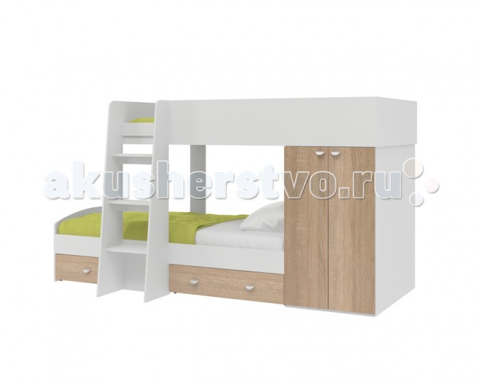 Детская кроватка 4 Сезона двухъярусная Golden Kids 2двухъярусная Golden Kids 2 Детская кроватка 4 Сезона двухъярусная Golden Kids 2двухъярусная Golden Kids 2Детская кроватка 4 Сезона двухъярусная Golden Kids 2 - это потрясающее решение для семей, которые стараются сохранить как можно больше свободного пространства в комнате и не загромождать его мебелью. Пред вами уникальная система, объединяющая в себе две полноценные кровати и вместительный шкаф для вещей. Особенности: стильный, современный дизайн. Красивое сочетание цветов конструкция сделана из качественного и сертифицированного материала кровать продается в разобранном виде. Ее можно собрать так, как показано на фото, либо в зеркальном отражении использована фурнитура немецкого производства конструкция объединяет в себе два полноценных спальных ложа, верхнее из которых имеет бортик для безопасности лестница сделана крепко и выдерживает большую нагрузку под нижней кроватью имеются выкатные ящики для игрушек и вещей предусмотрен шкаф с распашными дверцами, полками и штангой для вешалок матрасы в комплект не входят Размеры: размер спального места: 200х90 см размер кровати: 283х94х155 см (длина х глубина х высота)<br>
