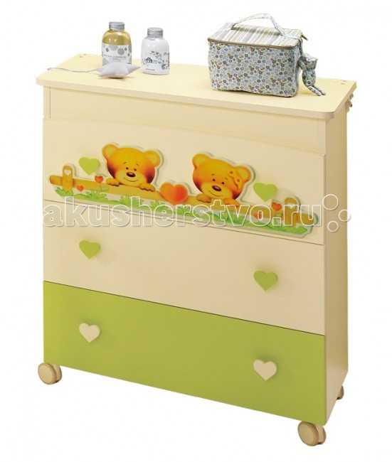 Комод Baby Expert Cuore пеленальный с ванночкой для купанияCuore пеленальный с ванночкой для купания Комод Baby Expert Cuore пеленальный с ванночкой для купанияCuore пеленальный с ванночкой для купанияКомод Cuore с встроенной ванночкой и пеленальной поверхностью изготовлен из натуральных пород дерева с резьбой,выполненной лазером.Когда ребенок подрастет ванночка и пеленальная поверхность снимаются. Яркие цвета этого пеленального комода помогут оформить детскую комнату насыщено и сделают ее жизнерадостной. Веселые медвежата с сердечками будут друзьями для малыша. Мебель имеет сертификат ISO 9001, что подтверждает полную безопасность применяемых при производстве мебели лаков и красок. Комод оборудован съемной анатомической ванночкой, откидывающейся пеленальной доской и полочкой для принадлежностей. 3 просторных выдвижных ящика 4 поворачивающихся резиновых колеса с тормозами фиксация в нужном положении при возможном демонтаже колёс покрашен гипоаллергенной экологически чистой краской на водной основе (путём растворения смол в воде, а не в химических веществах) нетоксичный материал кромок гарантирует максимальную безопасность Габариты ( В х Ш х Г ), см: 91 x 76 x 47 корпус - ДСП, фронтальные панели ящиков - МДФ<br>