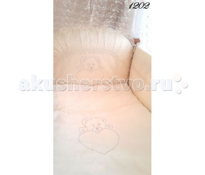 Комплект в кроватку Baby Naeela 1202 (7 предметов)1202 (7 предметов) Комплект в кроватку Baby Naeela 1202 (7 предметов)1202 (7 предметов)Классического стиля очень комфортный комплект постельного белья для детской кроватки, который поможет заснуть вашему малышу с хорошим настроением, а мягкость и комфорт самого постельного белья сделают его сон спокойным и безопасным. Ткань: 100% хлопок, батист, котон, наполнитель 100% Hollofil allerban (антиклещевой, антибактериальный, противогрибковый) Борт: материал верх 100% хлопок, наполнитель 100% Hollofil allerban (антиклещевой, антибактериальный, противогрибковый) Комплект состоит из 7 предметов: Бортик 40х360 см, съемный чехол, наполнитель холлкон, пл.500г/м2 Пододеяльник 140х110 см Наволочка 50х40 см Одеяло 140х110 см. Наполнитель: холлкон 100%, холлкон , плотность 200г/м2 Подушка 50х40 см. Наполнитель: холлкон 100%, холлкон . Простыня 140х110 см Балдахин 400х180 см<br>