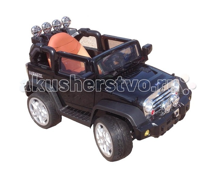 Электромобиль Barty Jeep WranglerJeep Wrangler Электромобиль Barty Jeep WranglerJeep WranglerМощный двухмоторный внедорожник Barty Jeep Wrangler разгоняется до 6 км/ч, обладает отличной проходимостью и сцеплением с дорогой благодаря высокому клиренсу и резиновым eva колесам с агрессивным протектором. Вашему ребенку обязательно понравятся прогулки за рулем этого внедорожника, так как в машинке все продумано для комфорта маленького водителя: двери открываются, эргономичное кресло выполнено из эко-кожи, есть система амортизации, боковые зеркала, usb разъем для прослушивания музыки, а также яркая подсветка, которая сделает электромобиль особенно заметным в вечернее время. Вы можете не волноваться о безопасности Вашего малыша, электромобиль укомплектован надежным ремнем безопасности и пультом дистанционного контроля. Для детей от 3 - 6 лет Колеса EVA (пористая резина). Агрессивный протектор. Пульт родительского контроля индивидуальный (Bluetooh) Максимальная скорость 6 км, задняя скорость Максимальная нагрузка 30 кг Аккумулятор 12V/7Ah Время работы аккумулятора 60-120 мин. Количество мест 1 Количество двигателей 2 Количество скоростей 3 Зеркала заднего вида Двери открываются Материал сидений Эко-кожа Амортизаторы Плавный старт Свет фар Разъём USB Звуковые сигналы Ремень безопасности<br>