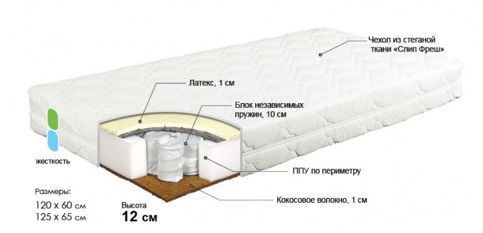 Матрас Bombus Торопыжка 125х65х12Торопыжка 125х65х12 Матрас Bombus Торопыжка 125х65х12Торопыжка 125х65х12Матрас детский средней степени жесткости на основе блока зависимых пружин. Сторона А: латексная пена толщиной 1 см (мягкая). Латекс — натуральный материал, представляющий собой вспененный экстракт сока каучукового дерева. Он очень комфортен, принимает форму тела, обеспечивая идеальное повторение каждого его изгиба, и поддерживает позвоночник. Сторона В: кокосовая плита толщиной 1 см (средней жесткости). Кокосовая плита (латексированная кокосовая койра) — идеальный материал для создания жестких и средней жесткости матрасов. Кокосовая койра известна эластичностью, прочностью и долговечностью. Помимо прочности и износоустойчивости, кокосовые матрасы обладают рядом таких преимуществ, как гипоалергенность, влагоустойчивость (кокосовая койра не впитывает воду) и воздухопроницаемость. Блок на основе независимых пружин обеспечивает оптимальную поддержку телу ребенка, равномерно распределяя вес и не допуская излишнего сдавливания тканей. Латексированное кокосовое волокно делает матрас более жестким и упругим. ППУ по периметру. Размер: 125x65.<br>
