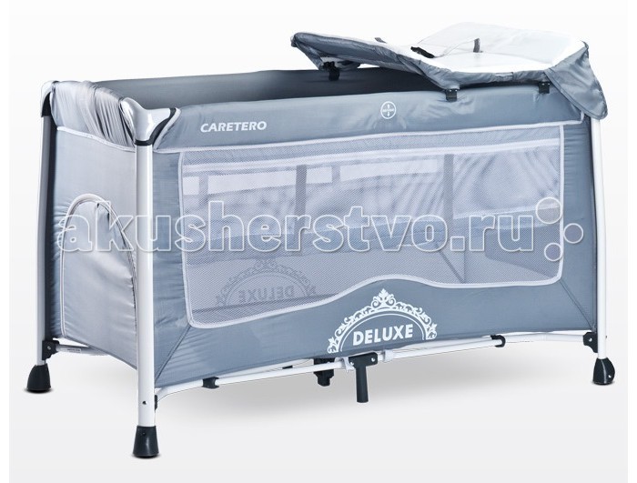 Манеж Caretero DeluxeDeluxe Манеж Caretero DeluxeDeluxeМанеж Caretero Deluxe Особенности: туристическая кроватка подходит для детей весом до 15 кг прочная и изящная рама выполнена из легких сплавов алюминия применяемые ткани прочны и легко поддерживаются в чистоте подвесной пол крепится на молнии, который облегчит уход за ребенком в первые месяцы жизни дверца на замочке, позволяет старшему ребенку самостоятельно входить в манеж практичный карман для мелочей, расположенная на боковой стороне кроватки обширный пеленальный столик, покрытый легкой в уходе обивкой из ПВХ прилагается складываемая люлька типа туристической кроватка устойчива, благодаря надежным ножкам москитная сетка гарантирует спокойный сон в любых условиях скрытые колесики на задних ножках для удобного перемещения кроватки в комплекте удобная сумка для переноски сложенной кроватки легкая конструкция – кроватка со всеми аксессуарами весит всего 11 кг элегантные цвета обивки в 4 версиях Размер: 76 х 66 х 136 см Вес ребенка: до 15 кг<br>