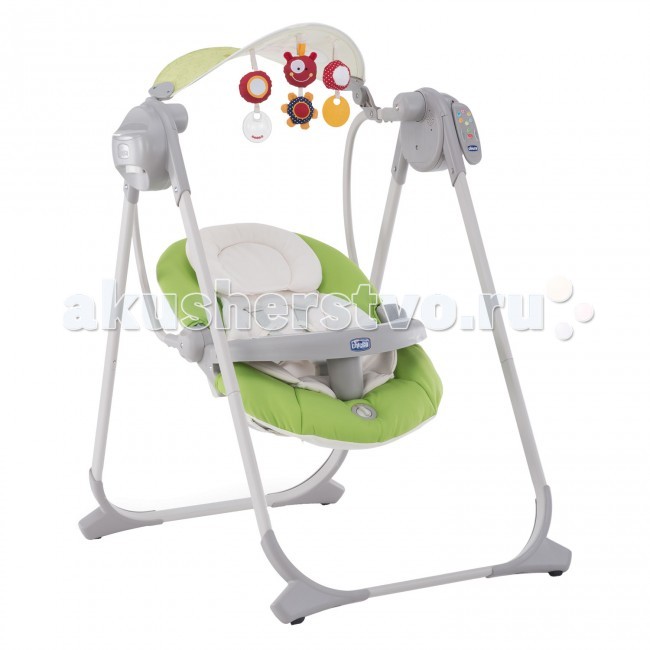 Электронные качели Chicco Polly Swing UpPolly Swing Up Электронные качели Chicco Polly Swing UpPolly Swing UpЭлектронные качели Chicco Polly Swing Up идеально подойдет для отдыха и игр ребенка как дома, так и во время первых путешествий. Благодаря эргономическому вкладышу, который изготовлен из дышащей ткани в кресле-качалке комфортно даже новорожденному. Вкладыш можно извлечь как только малыш подрастет. В кресле-качалке предусмотрены 4 режима укачивания. Съемный регулируемый солнцезащитный козырек защитит малыша от яркого солнечного света во время отдыха на природе. Пятиточечные ремни безопасности с двойным замком позволяют быстро и надежно закрепить ребенка в кресле. Благодаря пульту ДУ можно легко успокоить малыша, находясь на расстоянии: включить расслабляющую музыку, звуки природы или режим биения сердца, а также установить один из режимов укачивания. Съемные подвесные мягкие игрушки помогут развивать первые осязательные и тактильные навыки новорожденного. А мягкая вибрация, установленная в кресле, бережно укачает малыша. Чехлы легко снимаются для чистки. Особенности: Съемный внутренний вкладыш из воздухопроницаемого мягкого материала для новорожденных детей Четыре режима укачивания Съемный регулируемый солнцезащитный козырек Пяти-точечные ремни безопасности с двойным замком позволяют быстро и удобно закрепить ребенка в кресле 6 различных мелодий (расслабляющие природные шумы и тоны сердца) Съемная музыкальная панель, мигает 6-ю разноцветными огнями Подвесные мягкие игрушки помогут развивать первые осязательные и тактильные навыки новорожденного Легко складывается при помощи двух эргономичных кнопок. Блок качания работает от батареи типа LR20-D на 1,5 В (в комплект не входит) Максимальный вес ребенка : 9 кг. Размеры(Д х Ш х В): 57 х 55 х 63-71 см. Вес: 6,1 кг.<br>