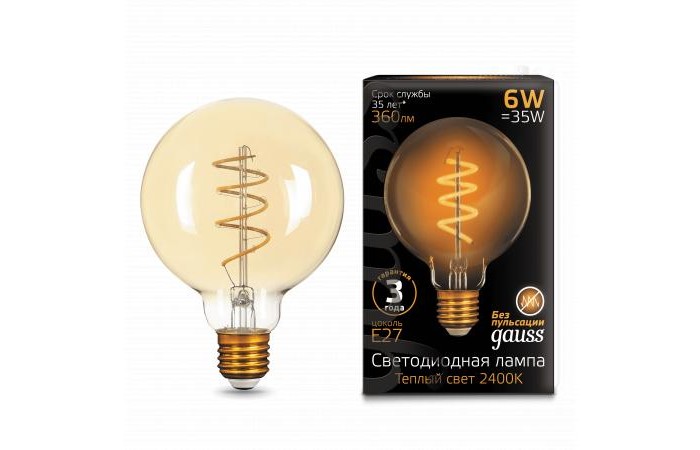 Светильники Gauss Лампа Filament Flexible LED G95 E27 6W 360lm 2400К лампа светодиодная gauss 1340112 e27 g95 6 5вт