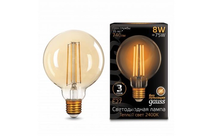

Светильник Gauss Лампа Filament LED G95 E27 8W 740lm 2400К, Лампа Filament LED G95 E27 8W 740lm 2400К