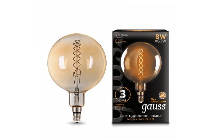 

Светильник Gauss Лампа Vintage Filament Flexible LED G200 8W E27 620lm 2400K, Лампа Vintage Filament Flexible LED G200 8W E27 620lm 2400K