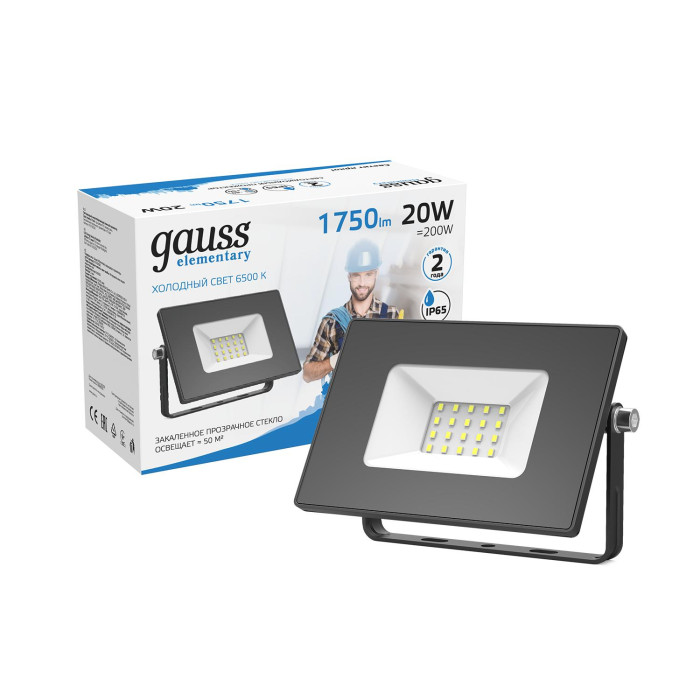 фото Светильник gauss прожектор led elementary 20w 1750lm 6500к 200-240v ip65