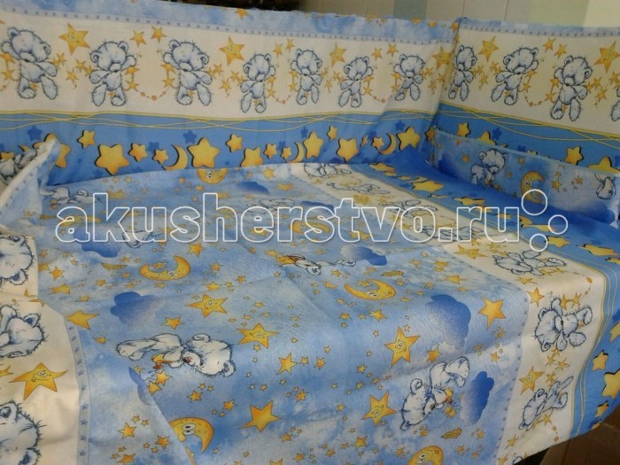 Комплект в кроватку Happy Dreams Мишки со звездами (7 предметов)Мишки со звездами (7 предметов) Комплект в кроватку Happy Dreams Мишки со звездами (7 предметов)Мишки со звездами (7 предметов)Комплект для кроватки Happy Dreams Мишки со звездами (7 предметов), выполненный из бязи. Симпатичные рисунки поднимут настроение и украсят любую кроватку. Насыщенные цвета не поблекнут даже после многочисленных стирок. Особенности: 100% хлопок (пакистанская бязь) Съемные борта на молнии Ткани собственного дизайна. Только натуральные ткани Борта плотностью 500 г На бортах комплекта по 6 завязок Наполнитель Холлофайбер; Холлкон с эвкалиптовым, бамбуковым и мятным волокном В комплекте простынь: 100х150 см наволочка: 40х60 см подушка: 40х60 см пододеяльник: 110х145 см одеяло: 108х140 см балдахин: 150х40 см бампер: 40х360 см<br>