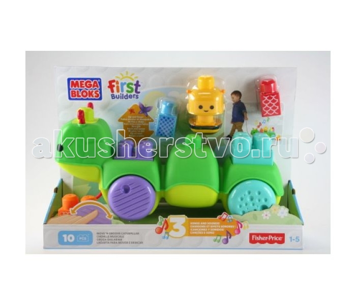 Конструктор Mega Bloks First Builders поезд Веселая гусеницаFirst Builders поезд Веселая гусеница Конструктор Mega Bloks First Builders поезд Веселая гусеницаFirst Builders поезд Веселая гусеницаКонструктор Mega Bloks First Builders поезд Веселая гусеница надолго увлечет вашего малыша. Если потянуть гусеницу на колесиках вперед, начнет играть музыка, а на спине гусеницы будут появляться строительные пластины. Игры с конструктором «Веселая гусеница» способствуют развитию зрительных, слуховых и тактильных способностей вашего ребенка. Особенности: Функция включения/выключения звука Удобно для маленьких детских рук Изготовлен из пластика высокого качества Совместим с другими наборами серии First Builders. В наборе: гусеница, сборный шмель и семь блоков First Builders разных цветов с печатными узорами<br>