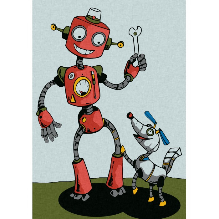 Котеин Картина по номерам Робот с собачкой 30х20 см