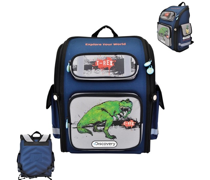 Action Ранец школьный Discovery T-Rex DV-ASB2000/3Ранец школьный Discovery T-Rex DV-ASB2000/3 Action Ранец школьный Discovery T-Rex DV-ASB2000/3Ранец школьный Discovery T-Rex DV-ASB2000/3Action Ранец школьный Discovery T-Rex, размер 35 x 27 x 14 см, жесткая рельефная спинка, плоская раскладка. Лицензионный дизайн Discovery. Возможность плоской раскладки позволяет удобно и экономично транспортировать данную модель. Вес ранца около 700 грамм. Особенности: Размер: 35 x 27 x 14 см Жесткая рельефная спинка с продольной анатомической формой. Рельефная спинка создает дополнительный массажный эффект для спины, что позволяет чувствовать себя более удобно и комфортно Задние эластичные регулируемые ремни позволяют правильно распределить рюкзак на спине. Имеются светоотражающие полоски безопасности. Одно основное отделение с дополнительными внутренними отделениями Имеется расписание уроков 4 кармана: два боковых: на липучке и с сеточкой, два передних. Карманы имеют светоотражающие полоски безопасности Светоотражающие полоски безопасности на верхнем кармане Ограничители степени раскрытия молнии Прижимной ремень на талию На молниях имеются декоративные лицензионные элементы. Внизу ножки для дополнительной устойчивости Ручка тканевая плотная Имеется расписание уроков.<br>