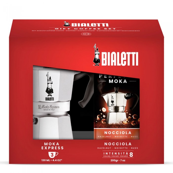 

Bialetti Набор Гейзерная кофеварка Moka Express на 3 порции и кофе молотый Hazelnut 200 г, Набор Гейзерная кофеварка Moka Express на 3 порции и кофе молотый Hazelnut 200 г