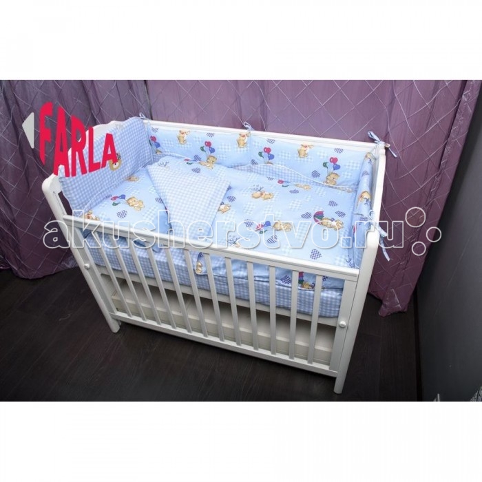 Комплект в кроватку Farla Bear (6 предметов)Bear (6 предметов) Комплект в кроватку Farla Bear (6 предметов)Bear (6 предметов)Очаровательный комплект Bear (6 предметов) с первых дней жизни Вашего малыша. Ткань - 100% хлопок, плотный и гладкий. Бортики состоят из двух независимых секций, что позволяет отстегивать фронтальную часть для визуального контакта со своей крохой. Наполнитель бортика в собственном чехле из спандбонда, наружный чехол бортиков съемный на молнии. Одеяло и подушка имеют органический гипоаллергенный наполнитель с эффектом терморегуляции. Наволочка и пододеяльник на молниях, простыня на резинке. В комплект входит: простыня на резинке 60 х 120 см пододеяльник 112 х 150 см одеяло 112 х 150 см наволочка 60 х 40 см подушка 60 х 40 см съемные бортики по всему периметру кроватки с возможностью отстегивать фронтальную секцию<br>