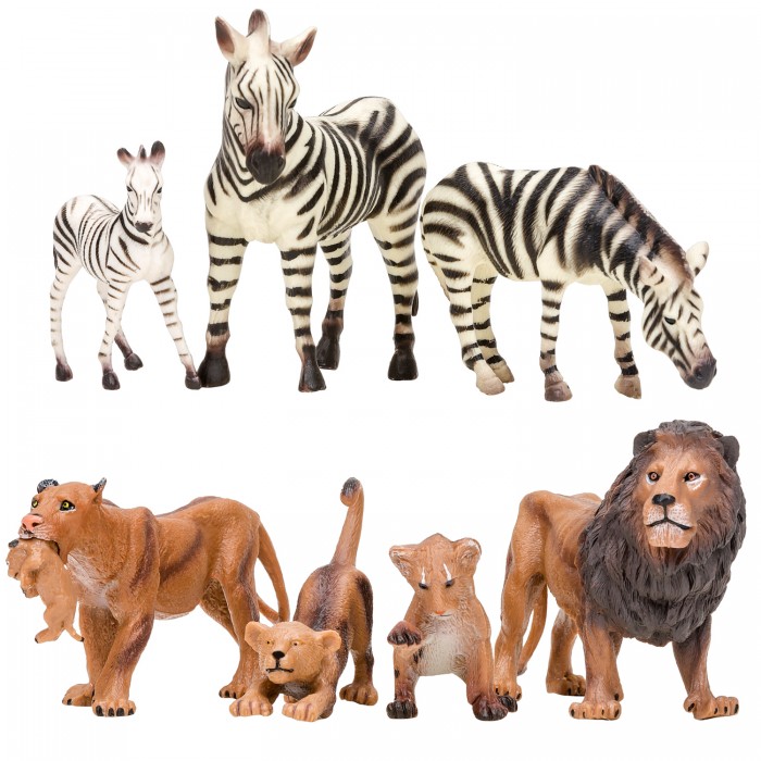 Купить Игровые фигурки, Masai Mara Набор фигурок Мир диких животных Семьи львов и семья зебр (7 предметов)