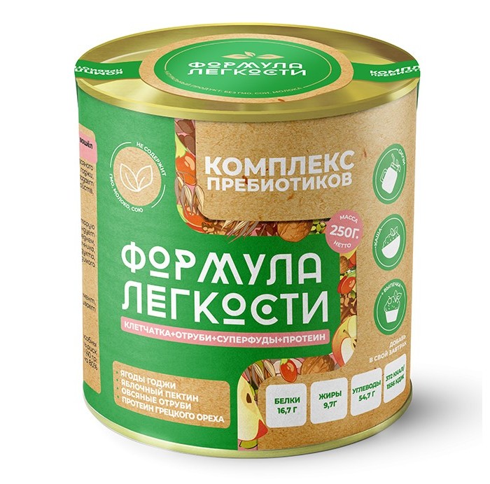 Формула Легкости Комплекс пребиотиков: овсяные отруби, ягоды годжи, протеин грецкого ореха, яблочный пектин