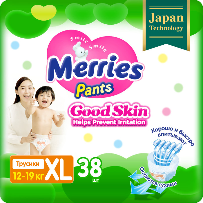 Merries Good Skin Подгузники-трусики для детей размер XL (12-19 кг) 38 шт.