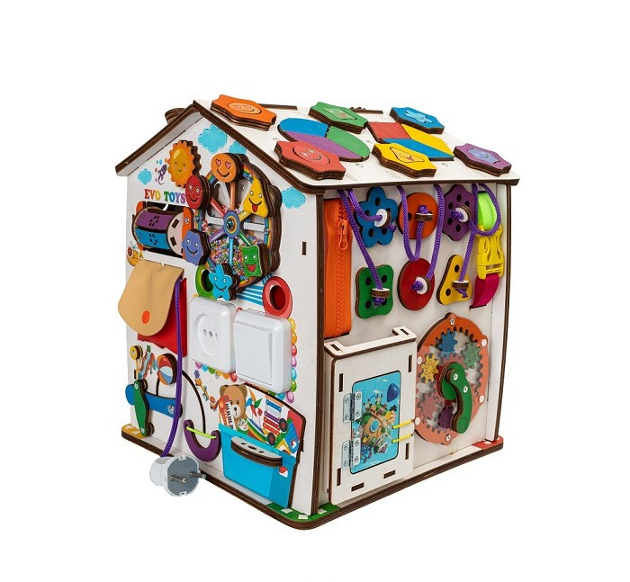 Деревянная игрушка Evotoys Бизиборд развивающий домик Смайлики на аттракционе 36х29 см
