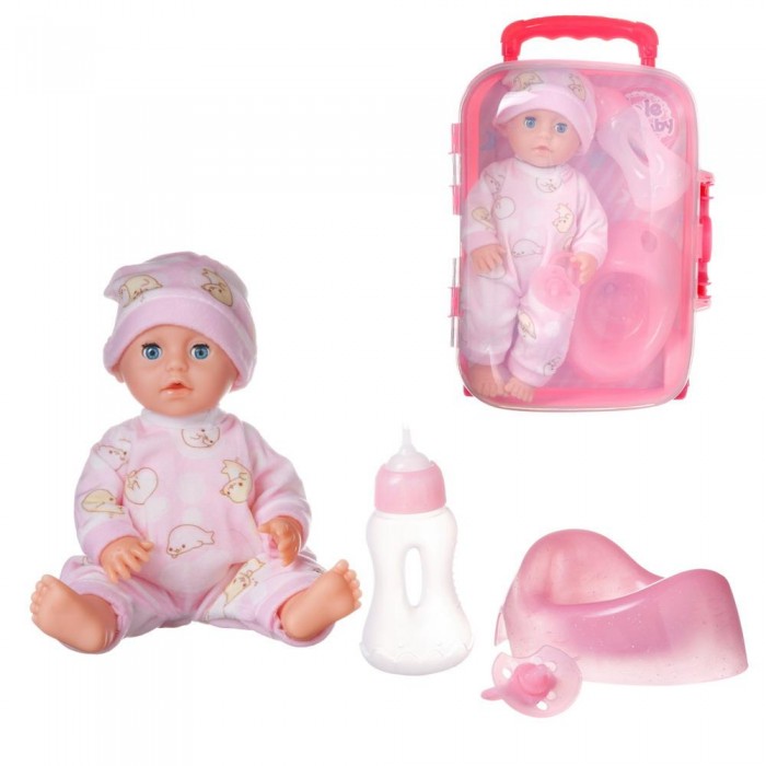Куклы и одежда для кукол ABtoys Пупс в чемоданчике в мягком комбинезончике в наборе с аксессуарами 25 см