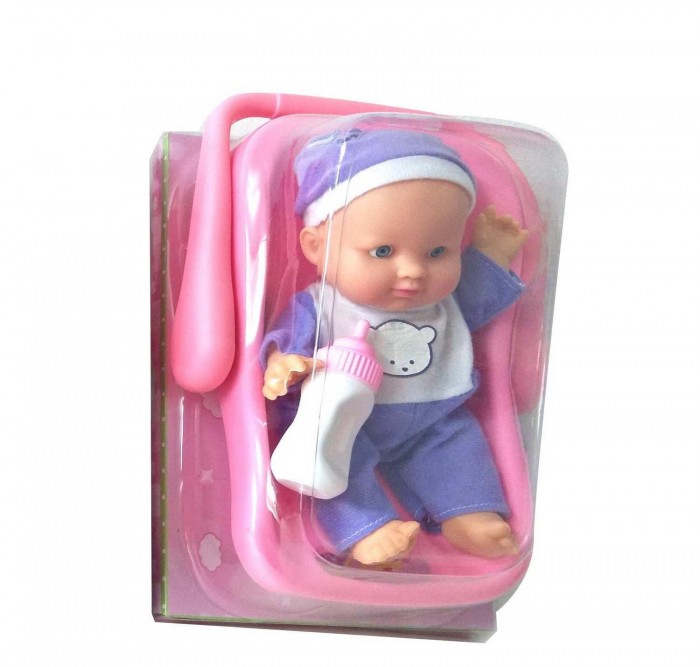 Куклы и одежда для кукол ABtoys Пупс Мой малыш с бутылочкой в переноске, в бело-голубом комбинезончике 23 см