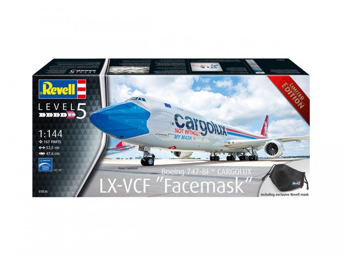 фото Revell сборная модель самолета boeing 747-8f cargolux lx-vcf facemask 1:144