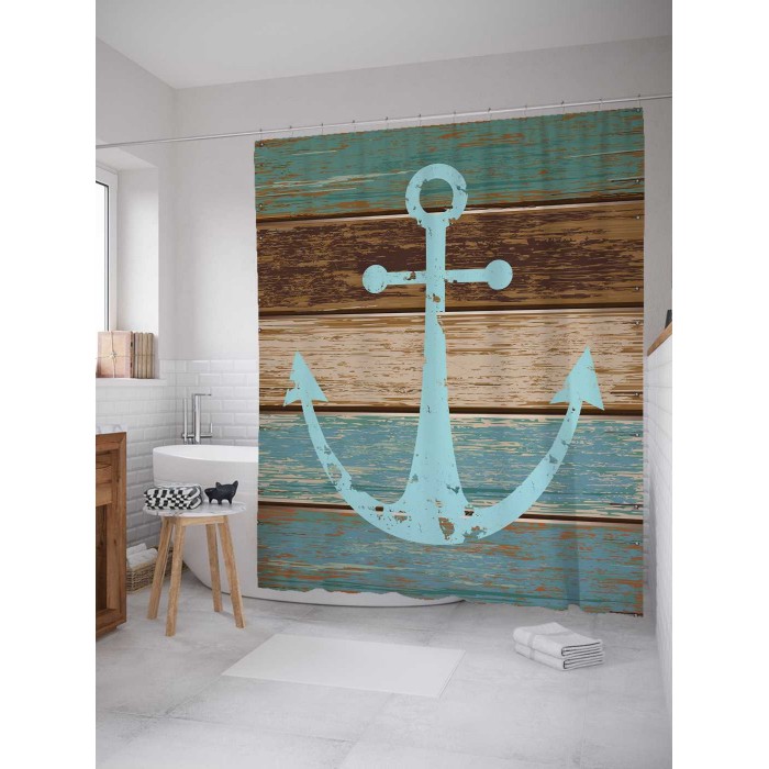 

JoyArty Штора для ванной Потертый якорь на досках 180х200 см, Штора для ванной Потертый якорь на досках 180х200 см