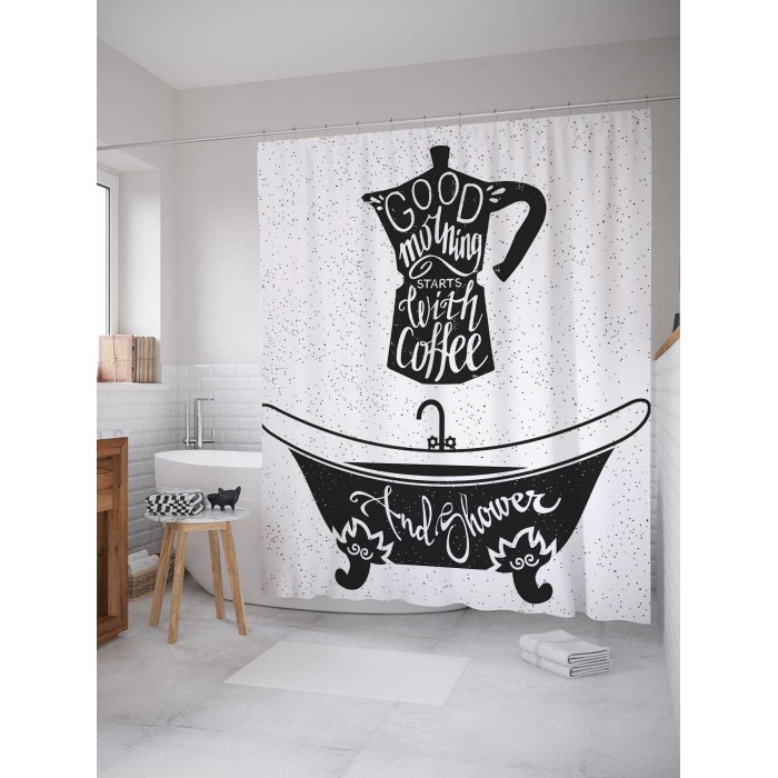 JoyArty Штора-занавеска для ванной из сатена с крючками Утренний душ и кофе 200х180 см