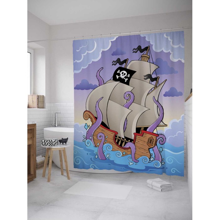 JoyArty Штора-занавеска для ванной из сатена с крючками Пиратский корабль с осьминогом 200х180 см sc_7963 - фото 1