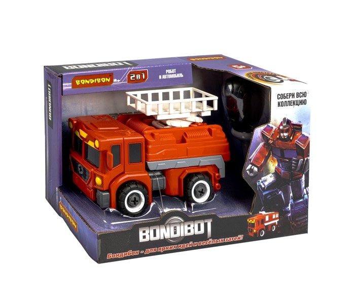 Картинка для Машины Bondibon Трансформер-конструктор с отвёрткой Bondibot 2 в 1 Робот-пожарная машина автовышка