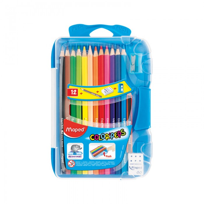 

Maped Карандаши Color Peps 12 цветов в пластиковом пенале с точилкой и ластиком, Карандаши Color Peps 12 цветов в пластиковом пенале с точилкой и ластиком