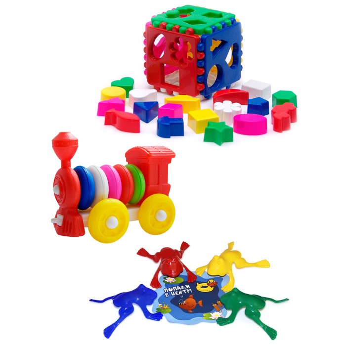 Развивающая игрушка Тебе-Игрушка Кубик логический большой + Конструктор-каталка Паровозик + Команда ква №1