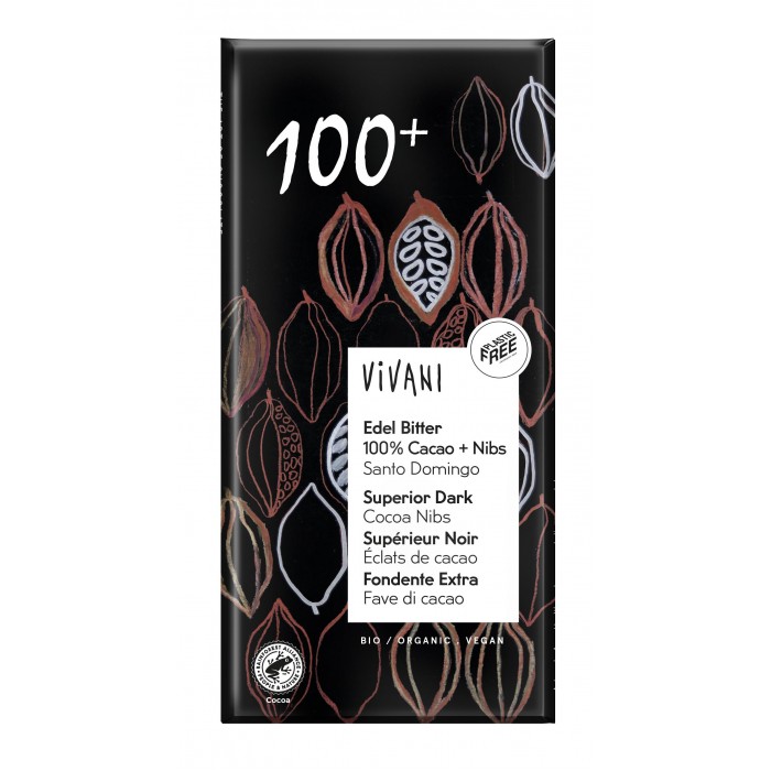 Vivani Органический превосходный темный шоколад Санто Доминго 100% какао с какао-крошкой 80 г