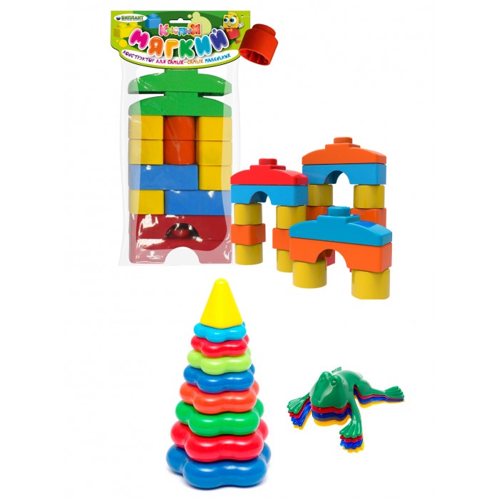 Развивающие игрушки Тебе-Игрушка Пирамида детская большая + Мягкий конструктор для малышей Кнопик + Команда Ква № 1