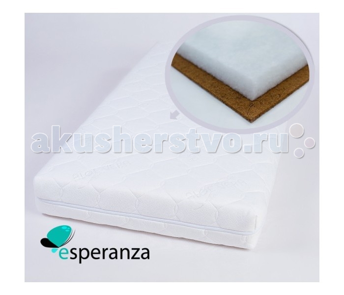 Матрас Esperanza Comodo 120х60х7Comodo 120х60х7 Матрас Esperanza Comodo 120х60х7Comodo 120х60х7Детский матрас Esperanza Comodo 120х60х7. Выполнен из натуральных и экологически чистых материалов. Разносторонний матрас на основе чередующихся слоев кокосовой койры и материала Холлкон. Такое сочетание дает эффект средней жесткости и долговечности. Одна сторона более жесткая, а другая более мягкая - можно выбрать комфортный уровень жесткости. Сторона А - Кокос 10 мм. Кокосовая койра известна эластичностью, прочностью и долговечностью. Помимо прочности и износоустойчивости, кокосовые матрасы обладают рядом таких преимуществ, как гипоалергенность, влагоустойчивость (кокосовая койра не впитывает воду) и воздухопроницаемость. Сторона Б - Холлкон 60 мм. Холлкон — этот материал удивителен сам по себе: каждое волокно в нем складывается спиралью, в результате получается огромное количество маленьких пружинок, которые скрепляются между собой безо всякого клея и других веществ. В результате— никаких аллергических реакций, материал не впитывает влагу и запахи, к тому же он теплый, пушистый и мягкий на ощупь.<br>