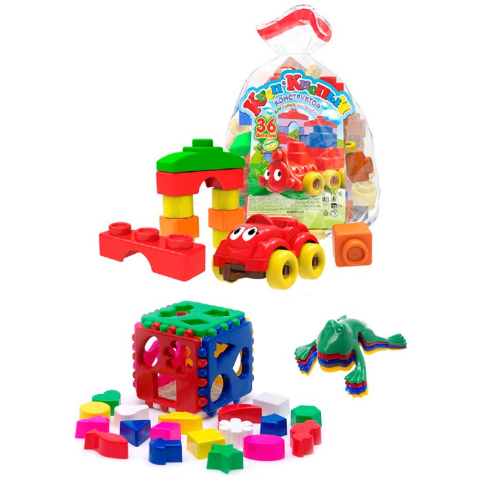 Развивающие игрушки Тебе-Игрушка Набор Кубик логический большой + Конструктор Кноп-Кнопыч 36 деталей + Команда