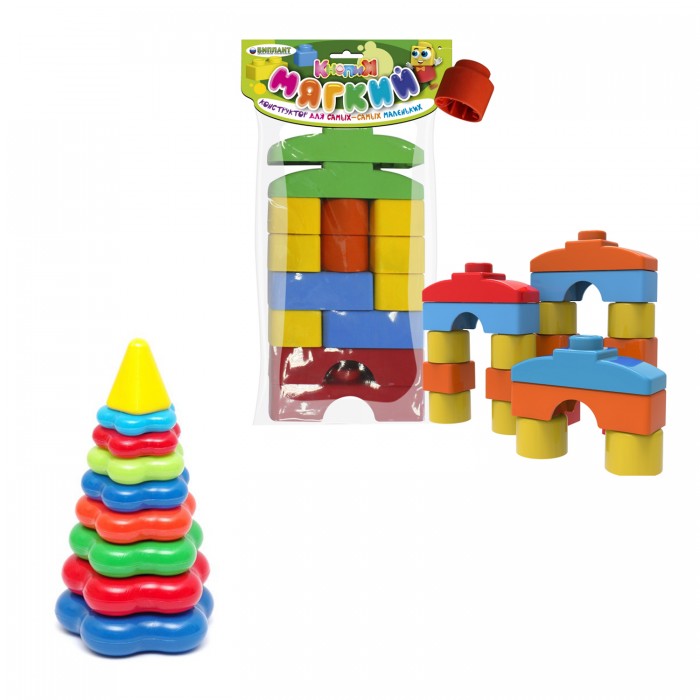 Развивающие игрушки Тебе-Игрушка Набор Пирамида детская большая + Мягкий конструктор для малышей Кнопик