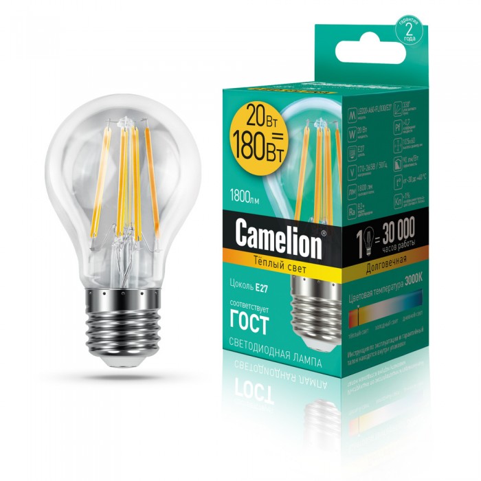 

Светильник Camelion Светодиодная лампочка LED20-A60-FL/830/E27, Светодиодная лампочка LED20-A60-FL/830/E27