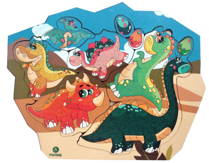 Деревянная игрушка Учитель Пазл-головоломка Забавные динозаврики (8 деталей)