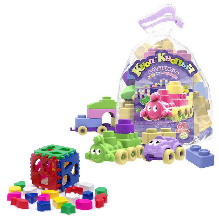 Развивающая игрушка Тебе-Игрушка Набор Игрушка Кубик логический большой + Конструктор Кноп-Кнопыч 61 (деталей)