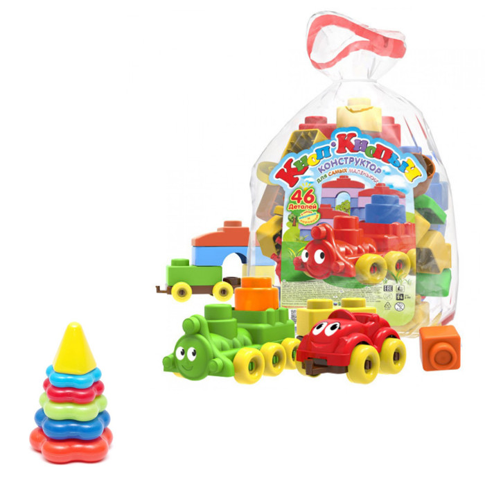 Развивающие игрушки Тебе-Игрушка Набор Пирамида детская малая + Конструктор Кноп-Кнопыч (46 деталей)