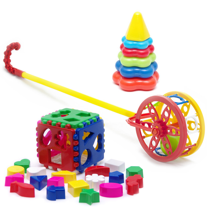 Развивающая игрушка Тебе-Игрушка Набор Каталка Колесо + Игрушка Кубик логический большой + Пирамида детская