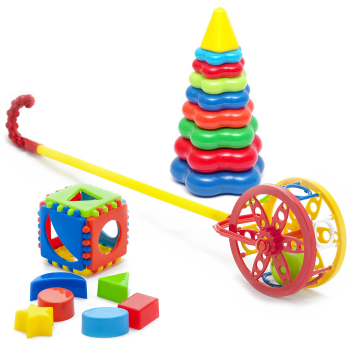Развивающая игрушка Тебе-Игрушка Набор Каталка Колесо + Игрушка Кубик логический малый + Пирамида детская большая