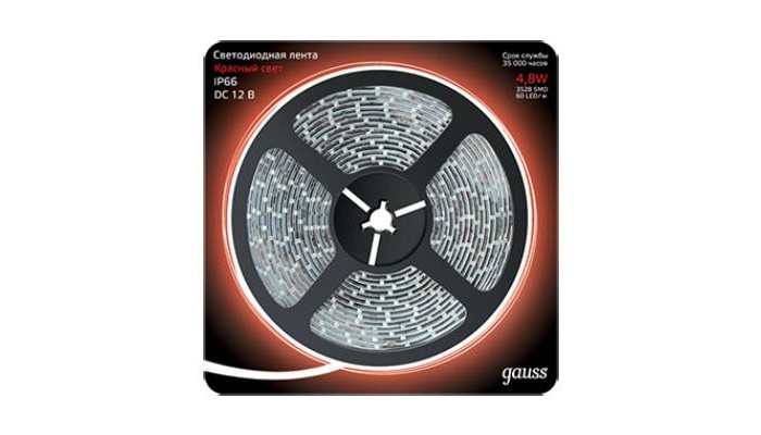 

Светильник Gauss Лента LED 3528/60-SMD 4.8W 12V DC IP66 5 м, Лента LED 3528/60-SMD 4.8W 12V DC IP66 5 м