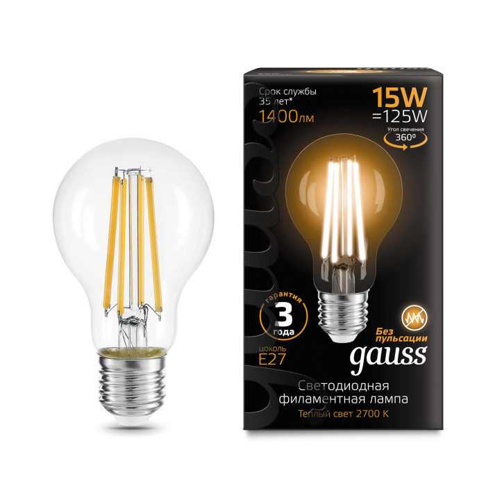 

Светильник Gauss Лампа Filament LED Е27 А60 15W 1400lm 2700К, Лампа Filament LED Е27 А60 15W 1400lm 2700К