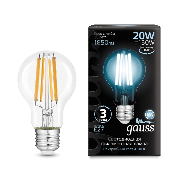 

Светильник Gauss Лампа Filament LED Е27 А60 20W 1850lm 4100К, Лампа Filament LED Е27 А60 20W 1850lm 4100К