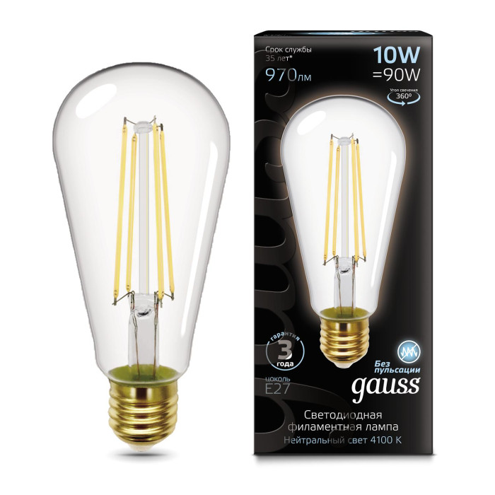 

Светильник Gauss Лампа Filament LED Е27 ST64 10W 970lm 4100К, Лампа Filament LED Е27 ST64 10W 970lm 4100К