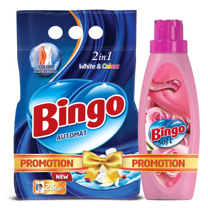 Bingo Порошок автомат Whits & Colors 2,5 кг и Кондиционер Spring Freshness Soft 1 л 5061593/набор - фото 1