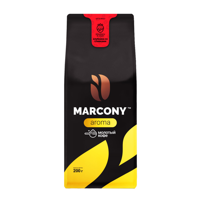 

Marcony Кофе молотый Aroma со вкусом Клубники со сливками м/у 200 г, Кофе молотый Aroma со вкусом Клубники со сливками м/у 200 г
