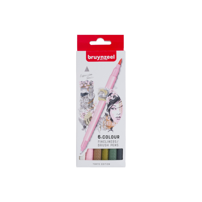 Bruynzeel Набор двухсторонних капиллярных ручек Creatives Токио (линер 0.4 мм + кисть) 6 цветов